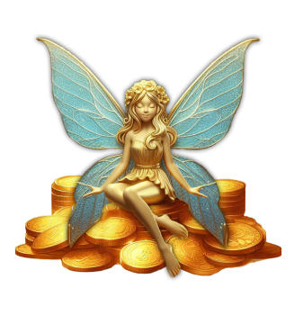 A golden fairy with blue wings sitting gracefully on a pile of gold coins, surrounded by a magical and whimsical atmosphere